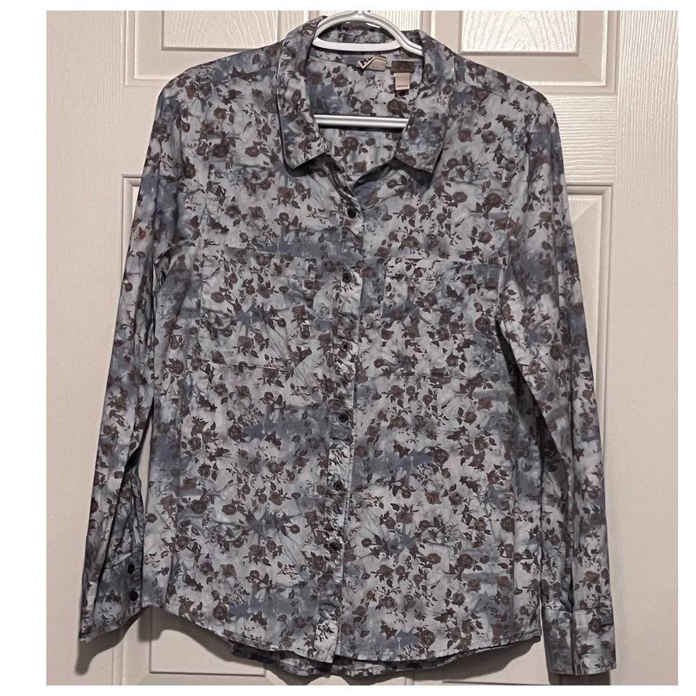 Mudd Women's Blue Brown Long‎ Sleeve Button Front Blouse Front Pockets Size L